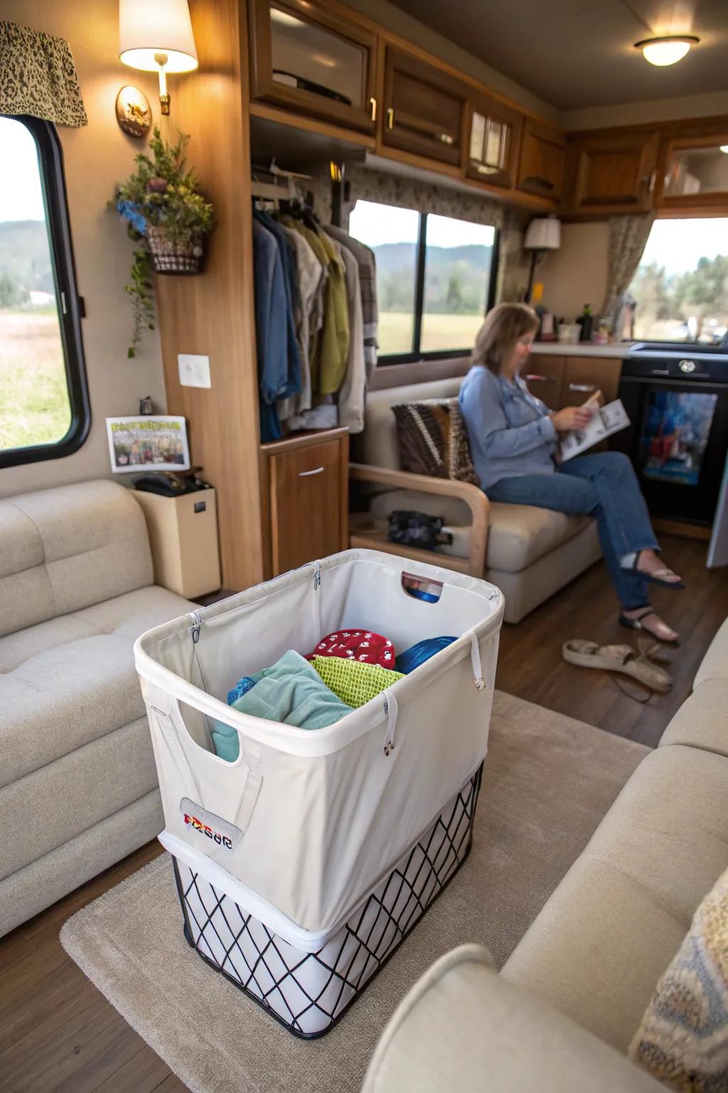 A multi-purpose hamper serving as seating to save space in an RV.