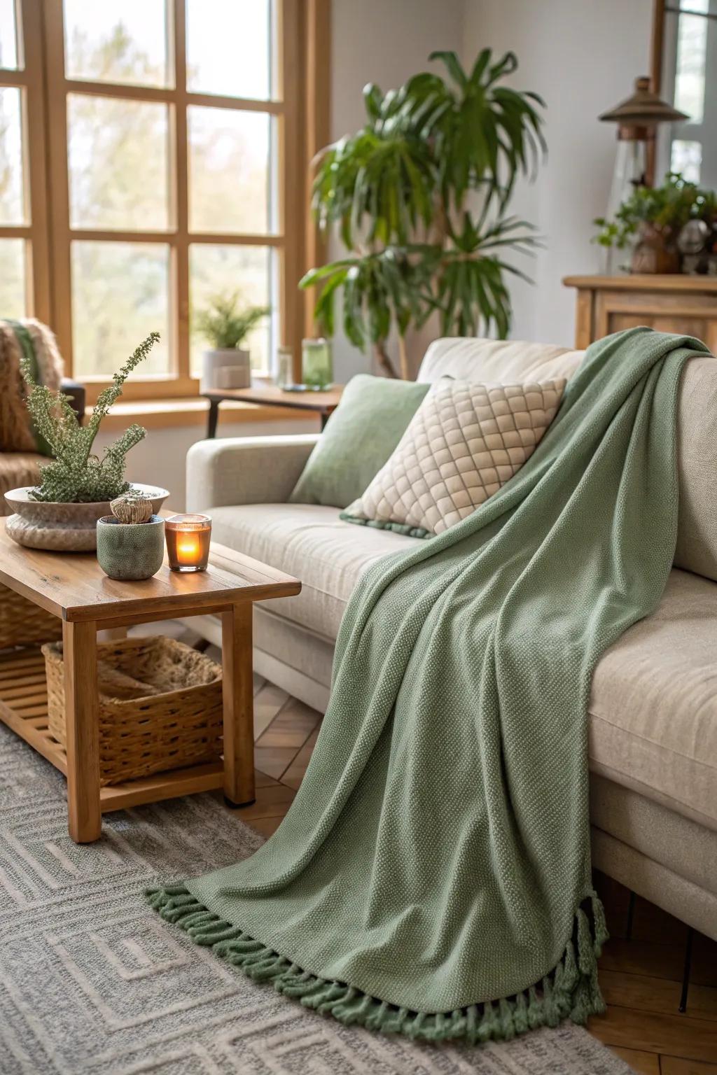 A cozy sage green throw adds warmth and style to your home.