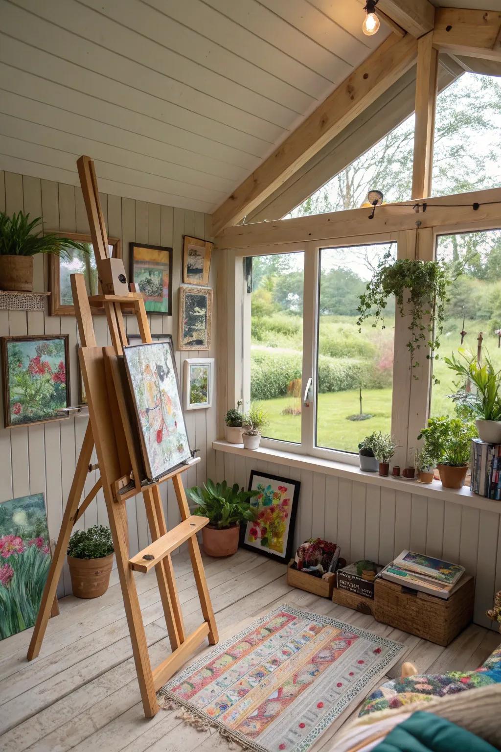 A peaceful spot for artistic expression in a she shed art studio.