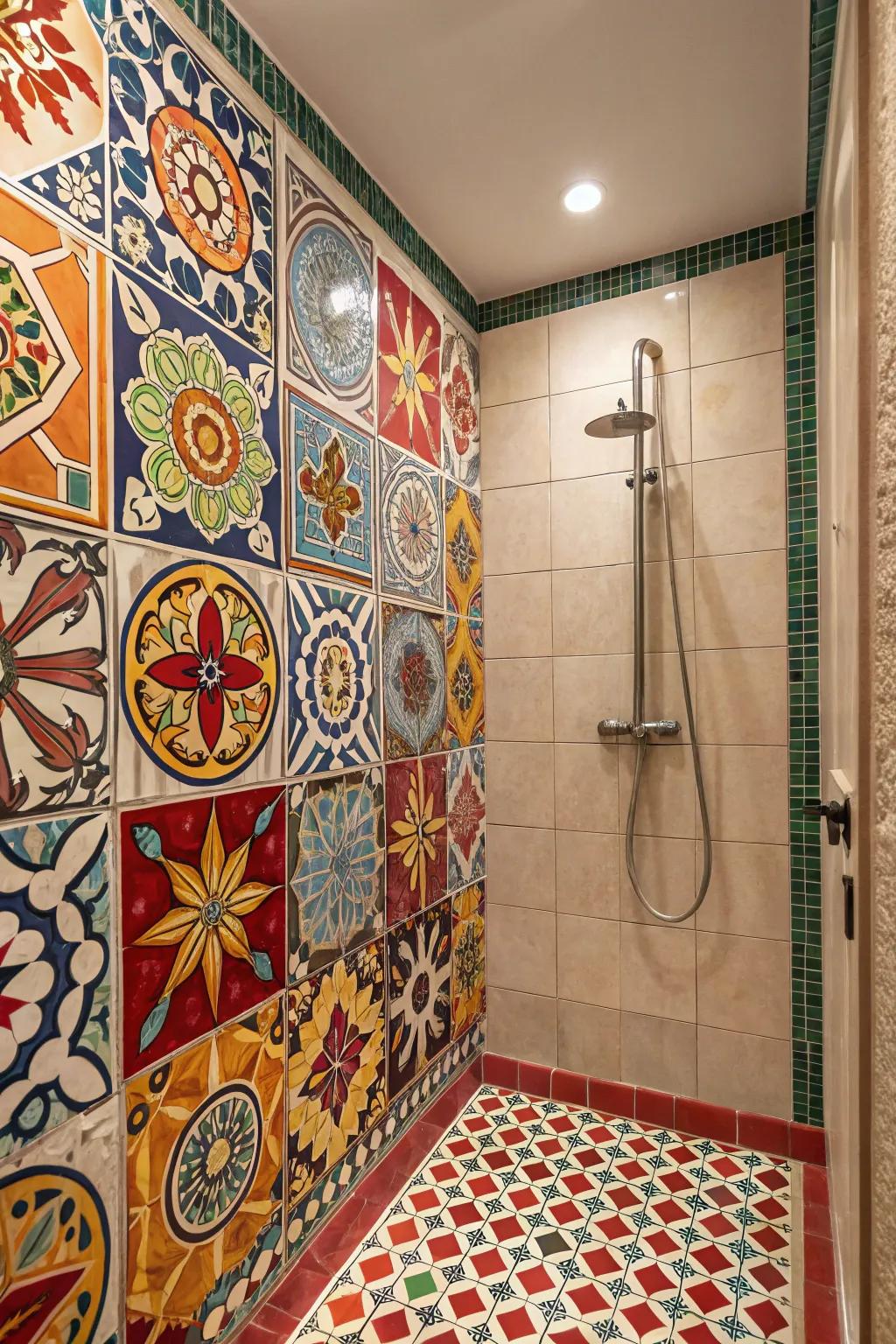 A shower stall featuring vibrant tiles that make a bold statement.