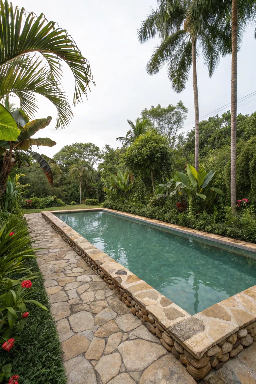 Natural stone borders enhance the elegance of a rectangular pool.