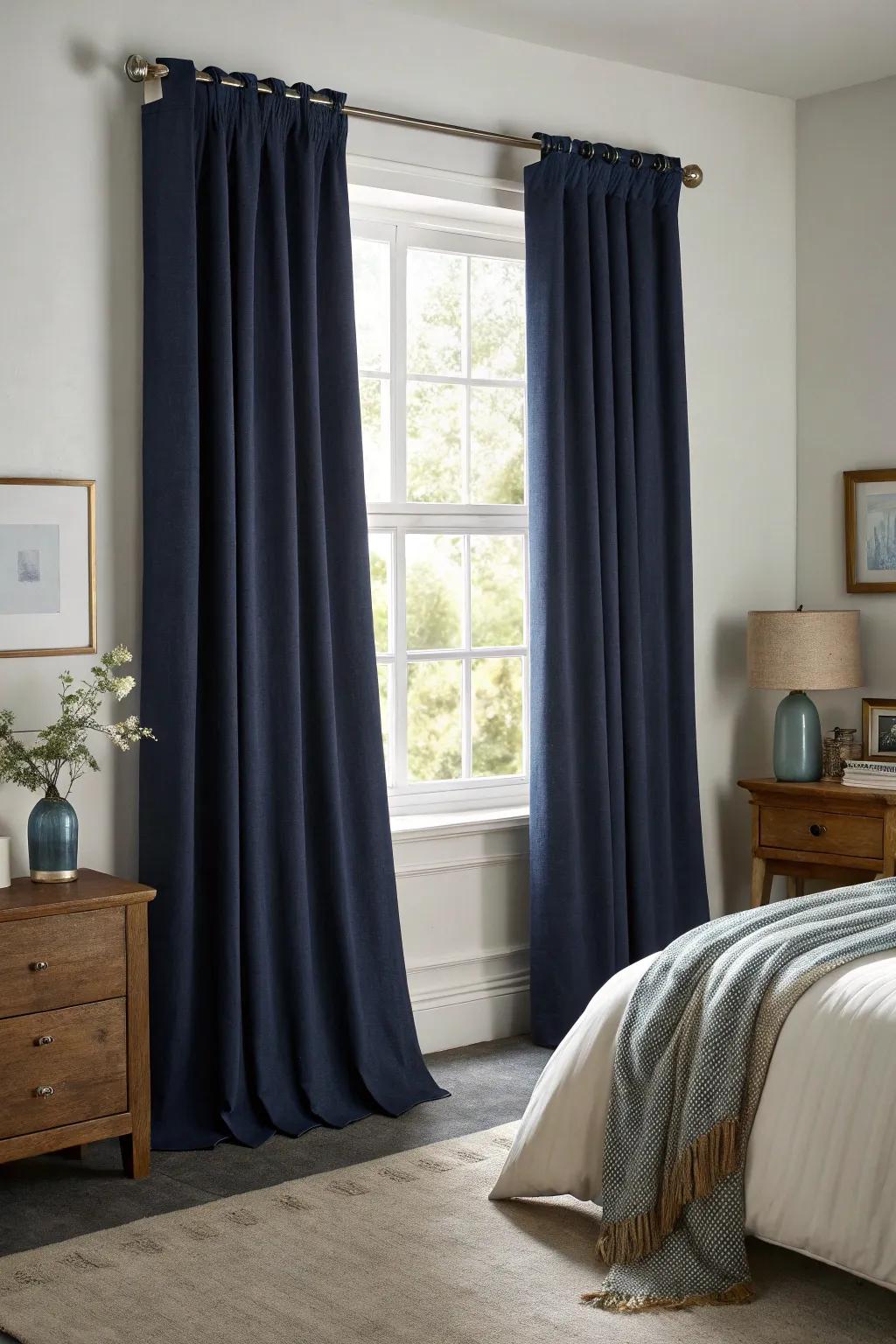 A deep sapphire blackout treatment lends both refinement and utility to this restful sleeping chamber.