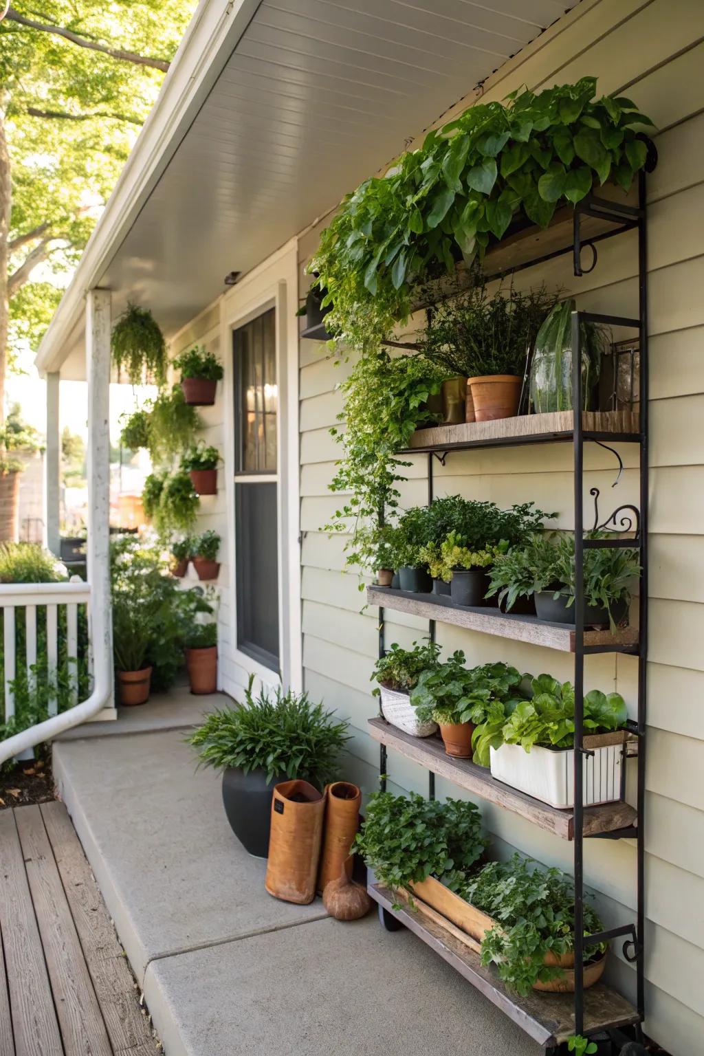 Vertical planters bring greenery to a small back porch without sacrificing floor space.