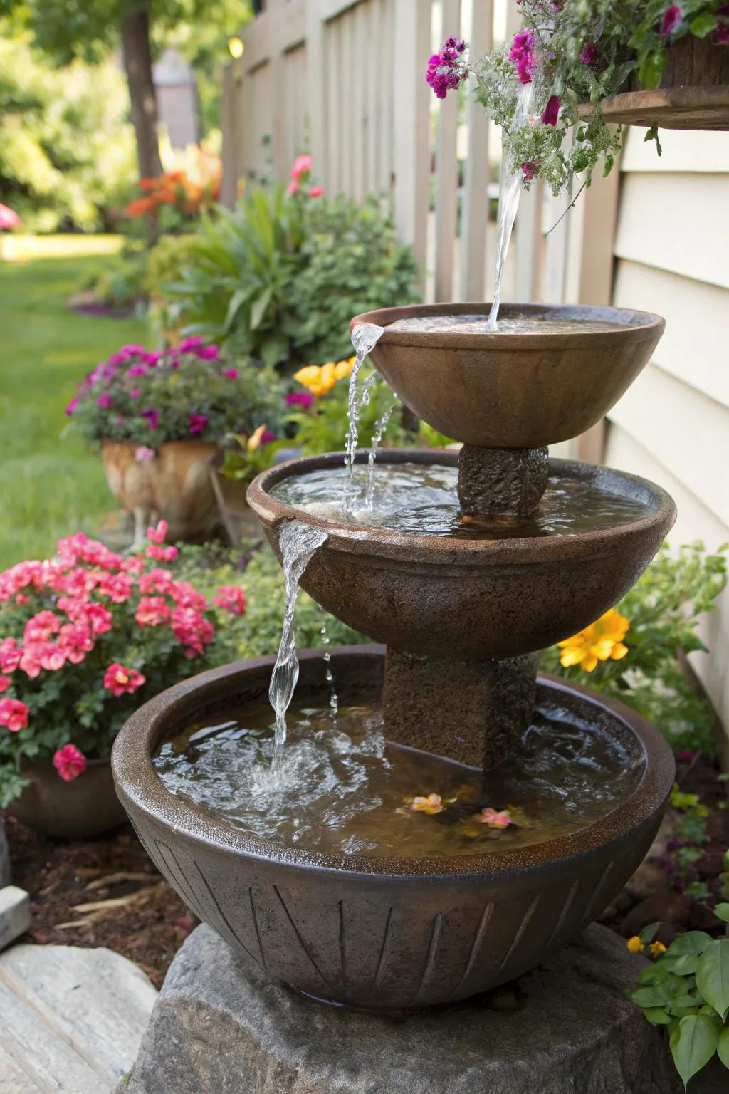 Tiered bowls create a stunning vertical waterfall feature.