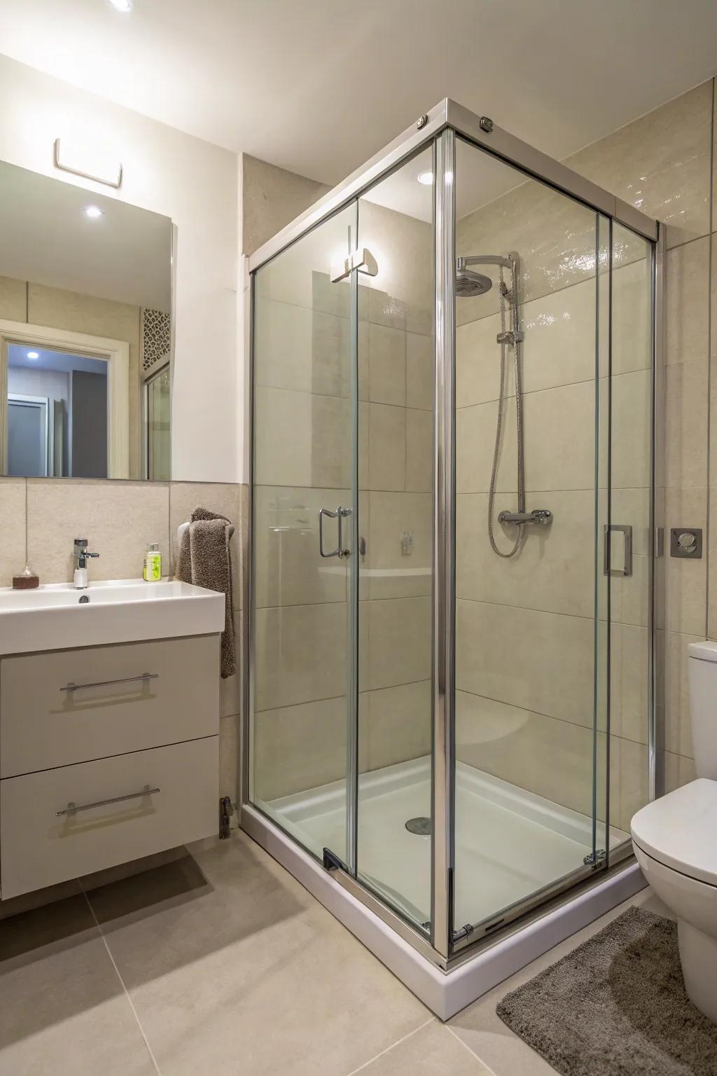 A walk-in shower design that enhances space in a compact bathroom.