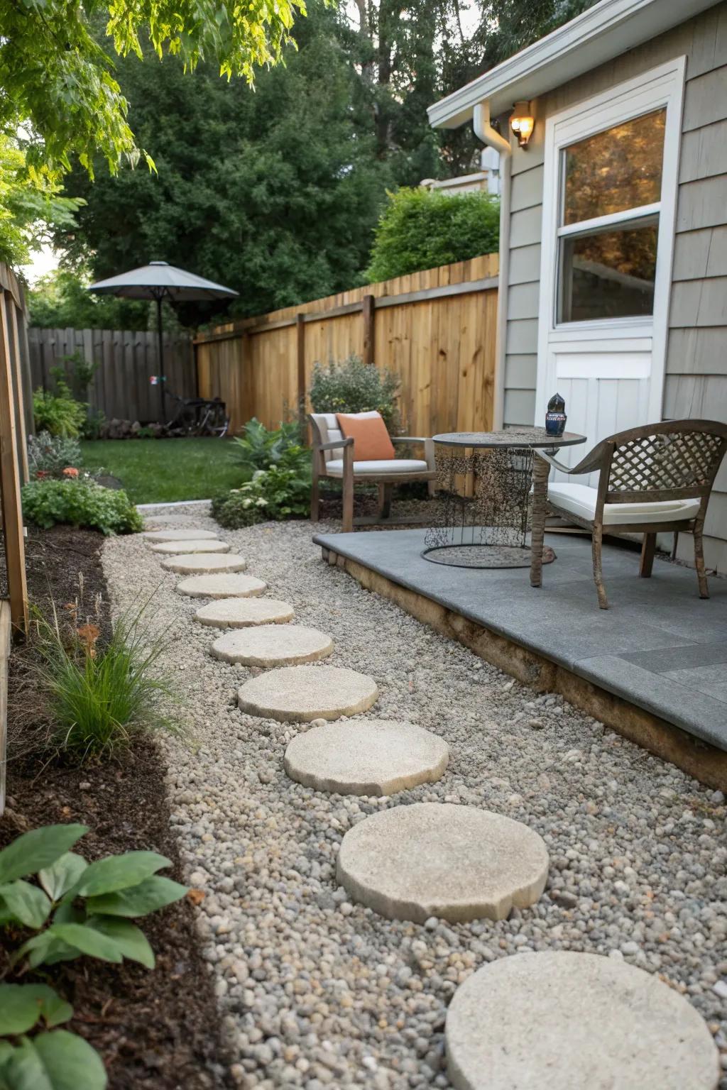 Pea gravel and pavers create a natural, elegant patio surface.