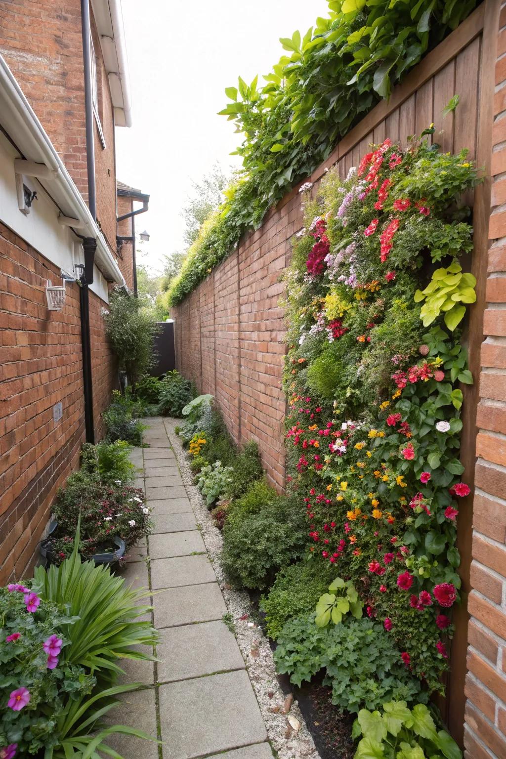 Vertical gardens ingeniously utilize limited space, adding greenery to narrow side yards.