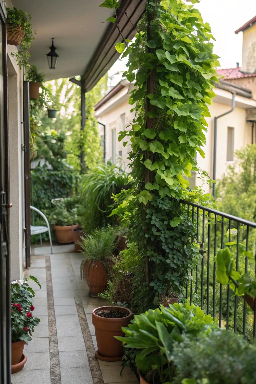 A vibrant small patio with an abundance of lush greenery.