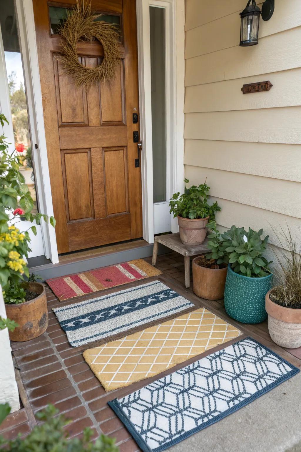 Layered entrance mats fashion an elegant and inviting threshold.