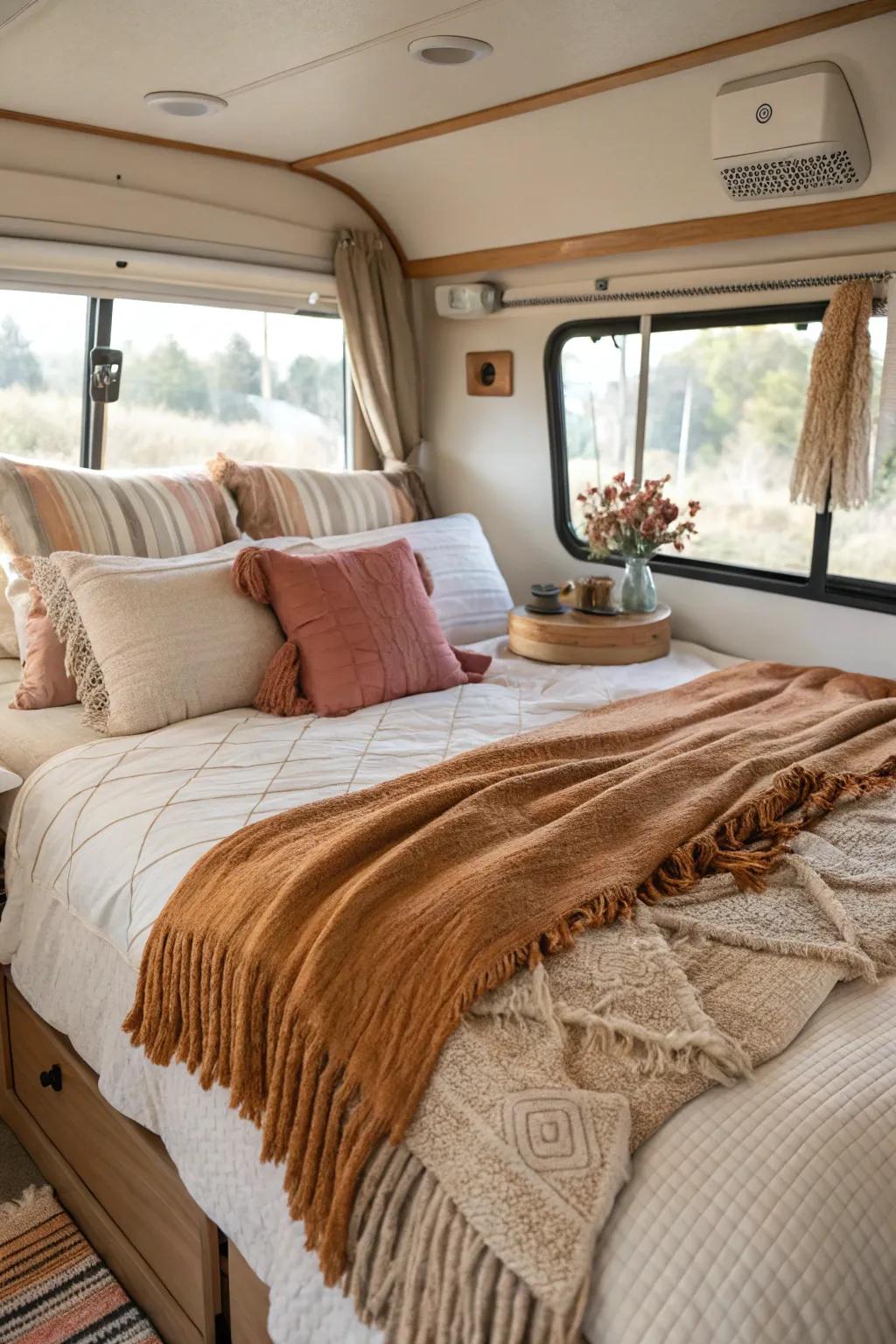 Layering textiles in your RV bedroom adds warmth and a cozy touch.