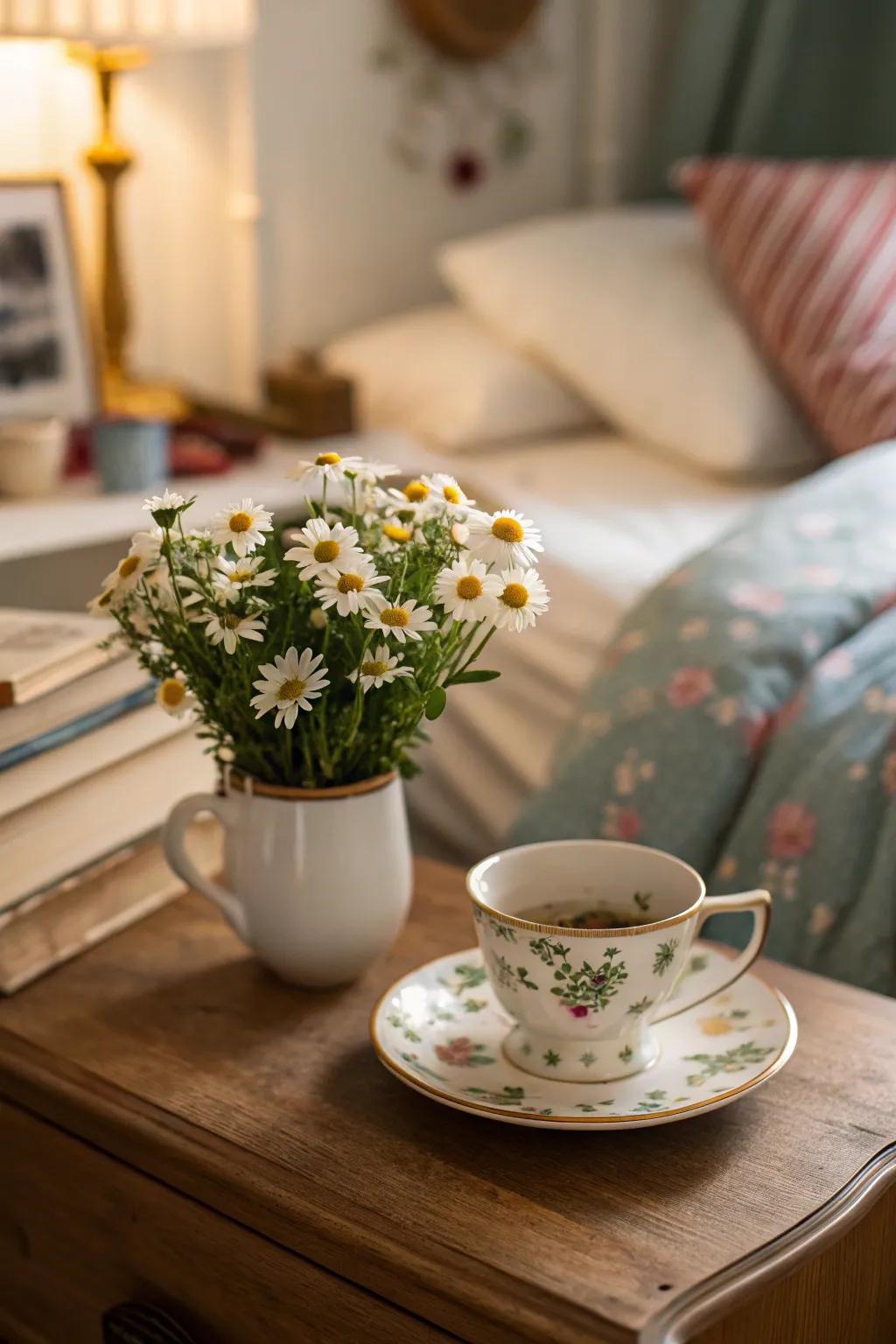 A vintage teacup makes a perfect mini vase for delicate flowers.