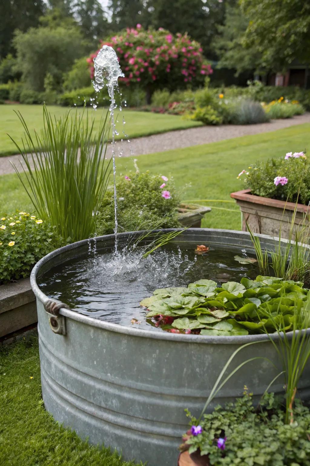 A countryside galvanized tub, fashioned into a captivating solar fountain retreat.