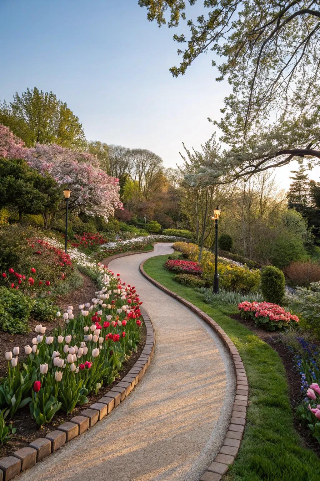 Curved pathways lined with blooming flowers add charm to any garden.