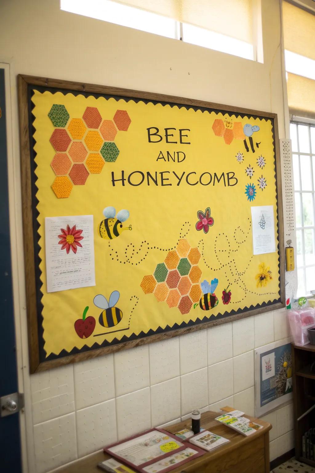 A bee-themed office bulletin board with honeycomb patterns and positive messages.