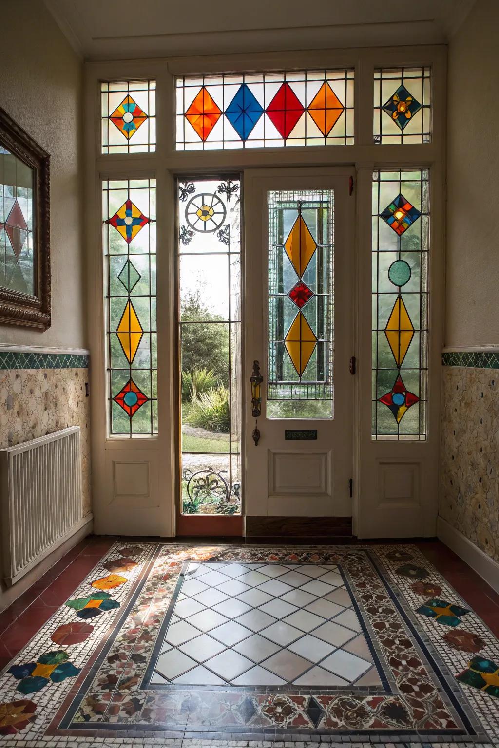 Symmetrical stained glass panels create a striking statement at the entrance of your home.