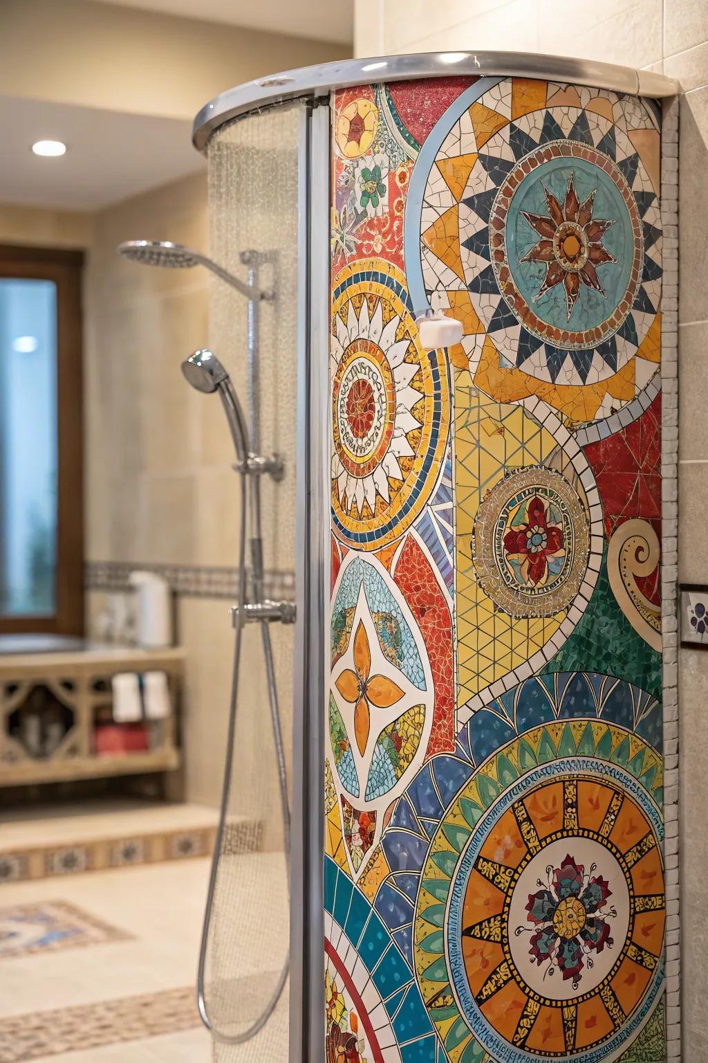 Mosaic tiles creating a vibrant and artistic statement in a standup shower.