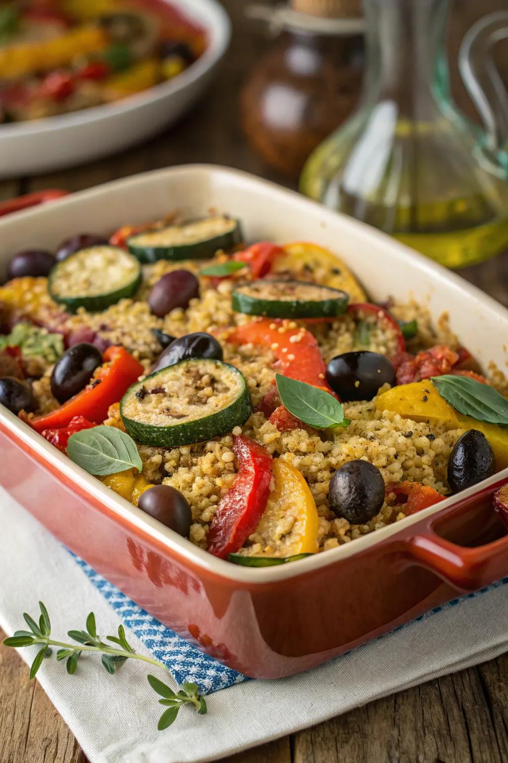 Mediterranean quinoa casserole, bursting with vibrant flavors and colors.