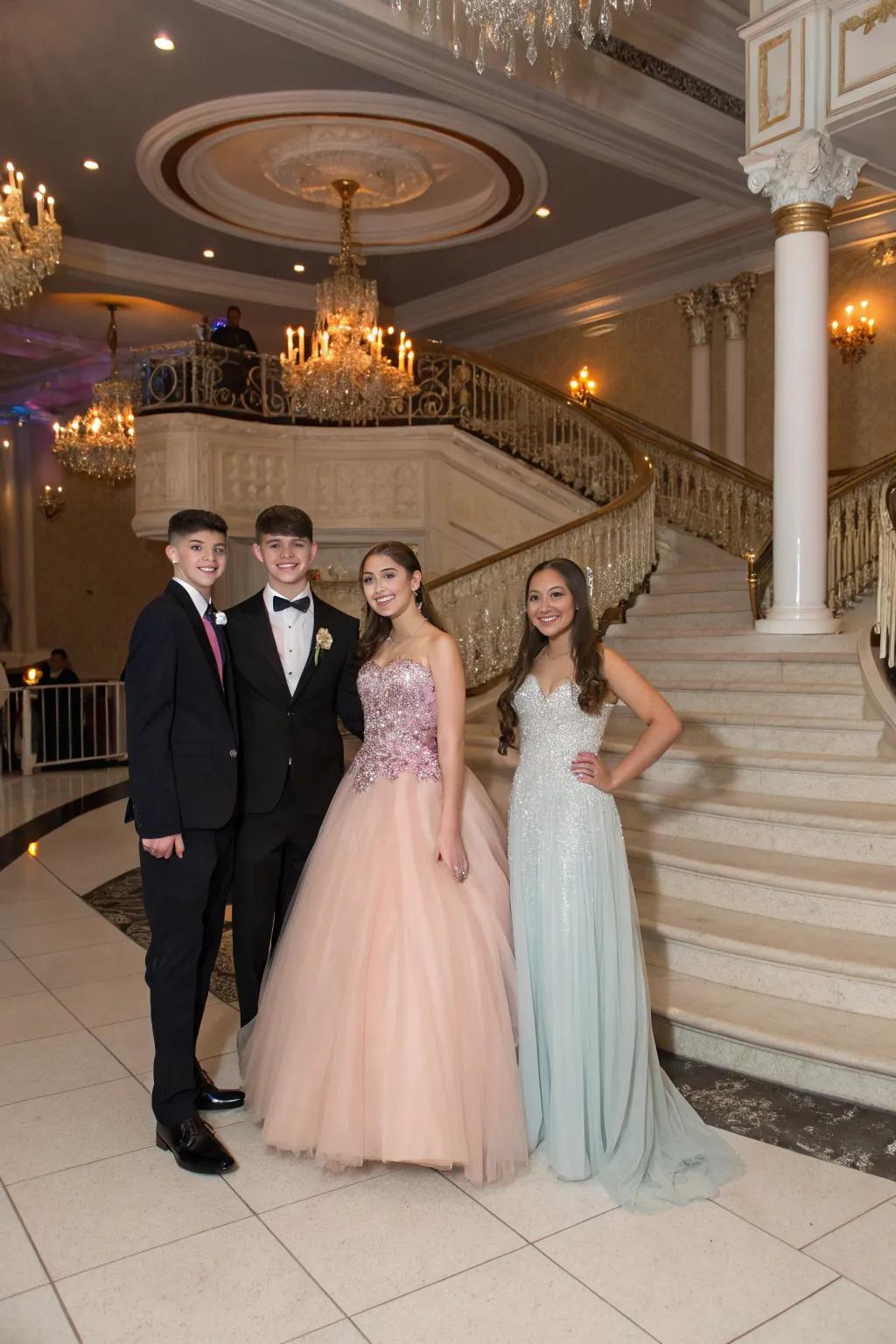 Teens in formal attire at a sweet sixteen.