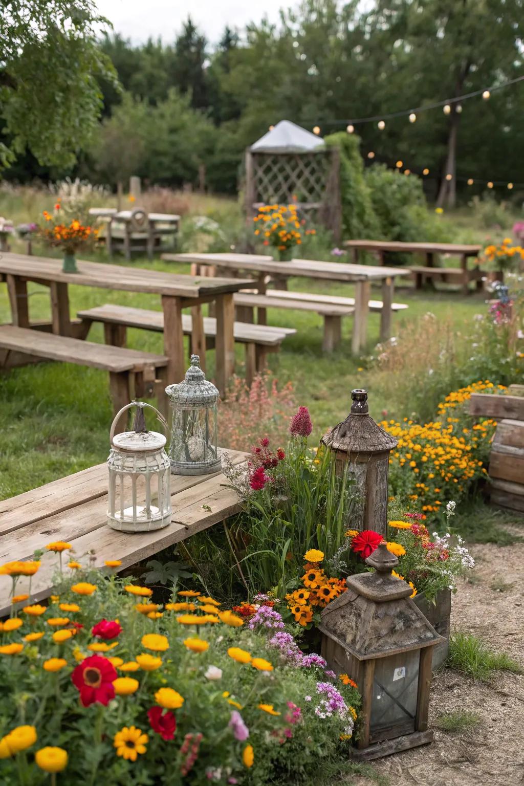 A rustic garden that marries wooden elements with colorful blooms.