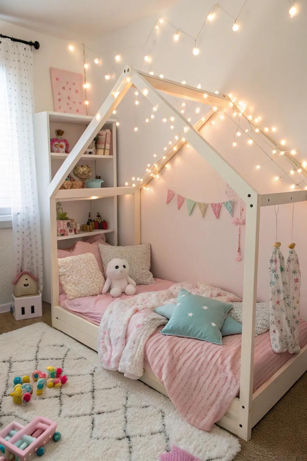 A charming house-shaped bed adds whimsy and comfort.