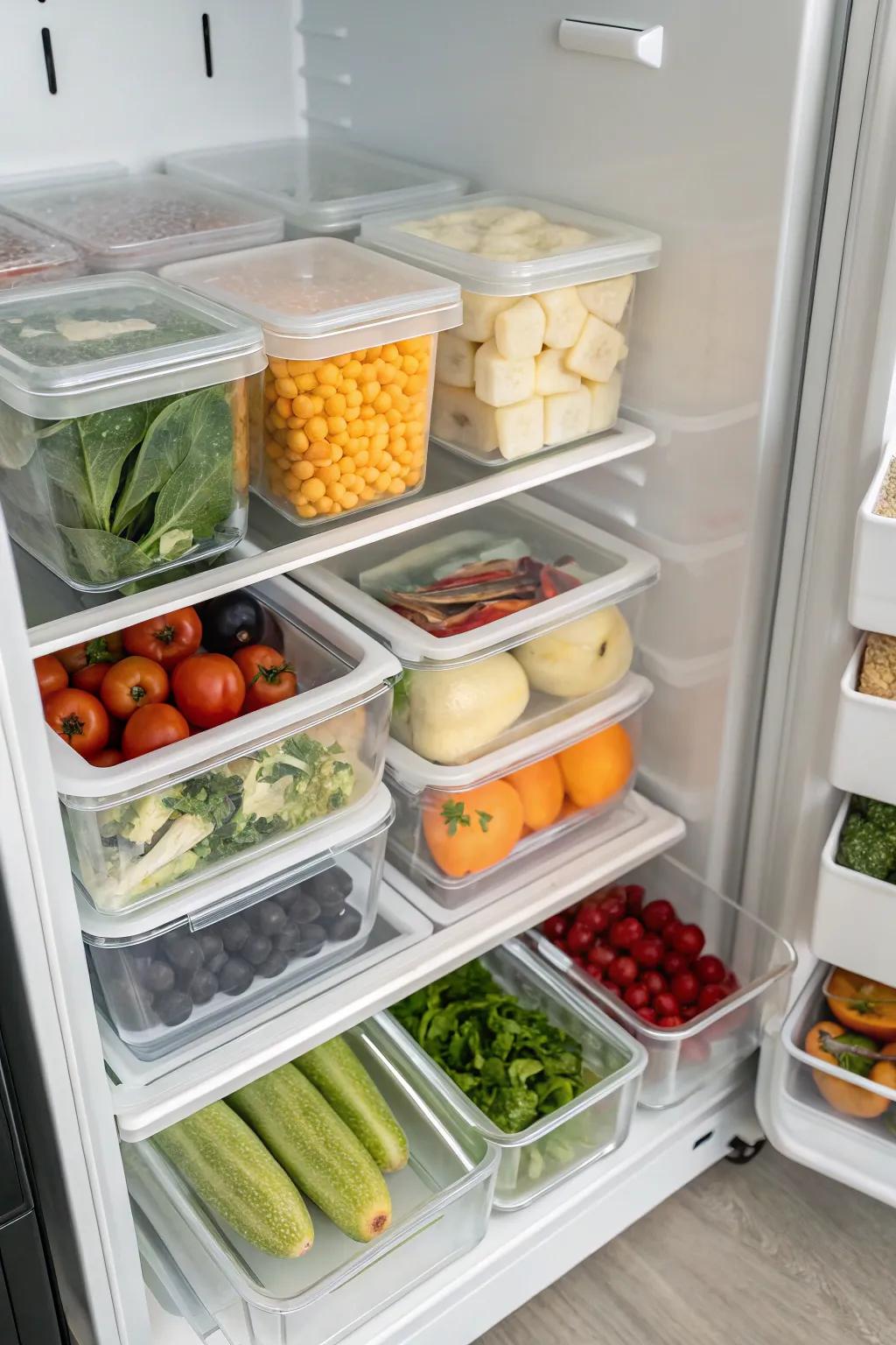 Vertical storage of food items using clear dividers in a top freezer, optimizing space and visibility.