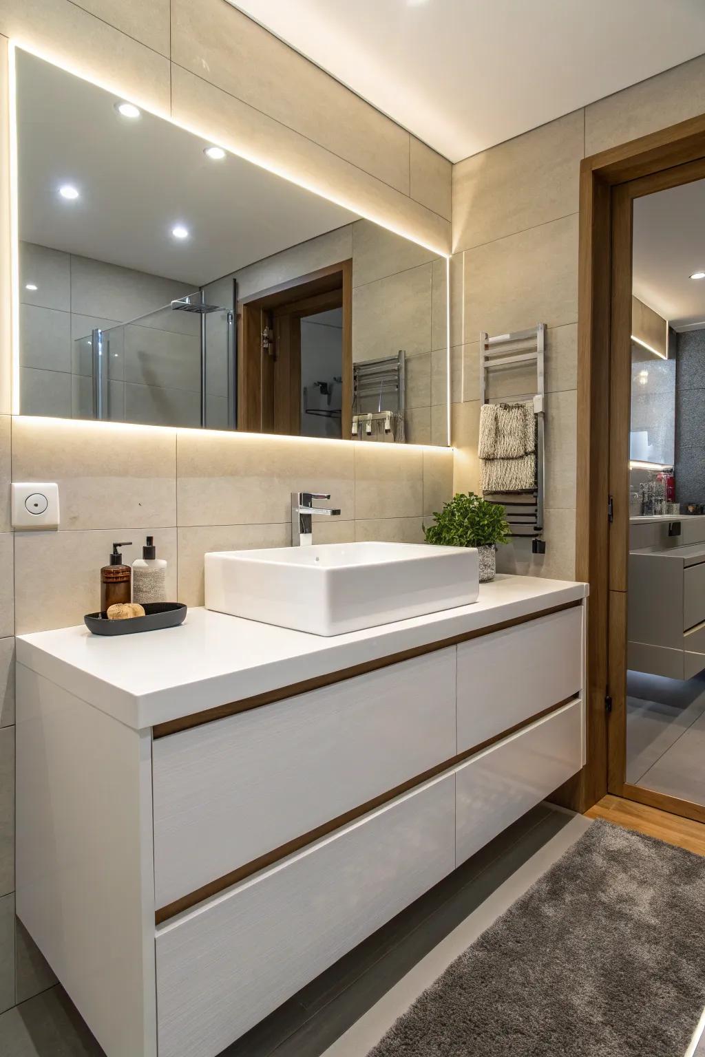 A modern bathroom with an integrated sink and vanity for a clean, seamless look.