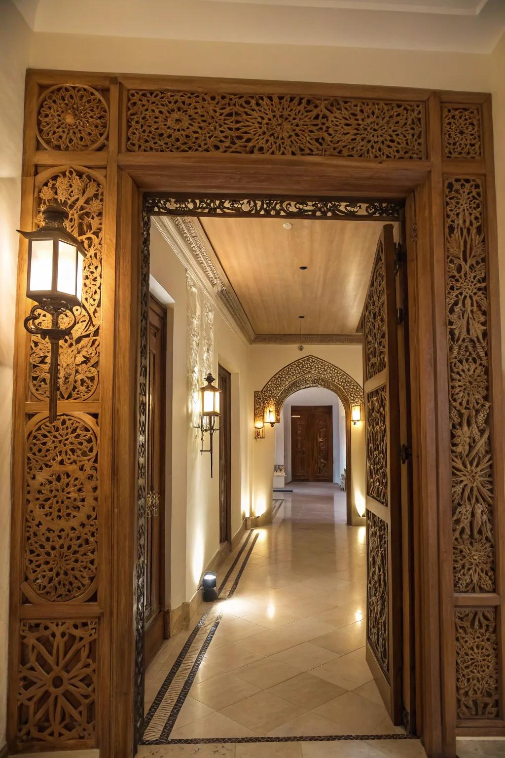 A classy doorway framed with intricate trim.