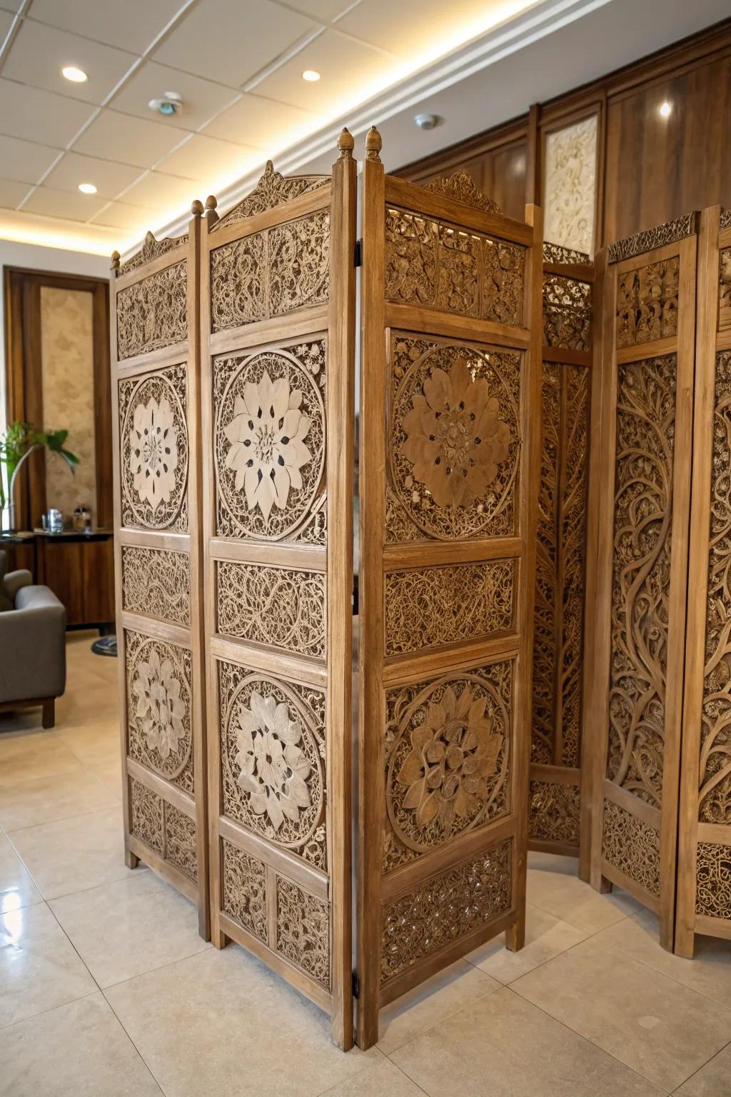 A stunning carved partition that serves as both art and divider.