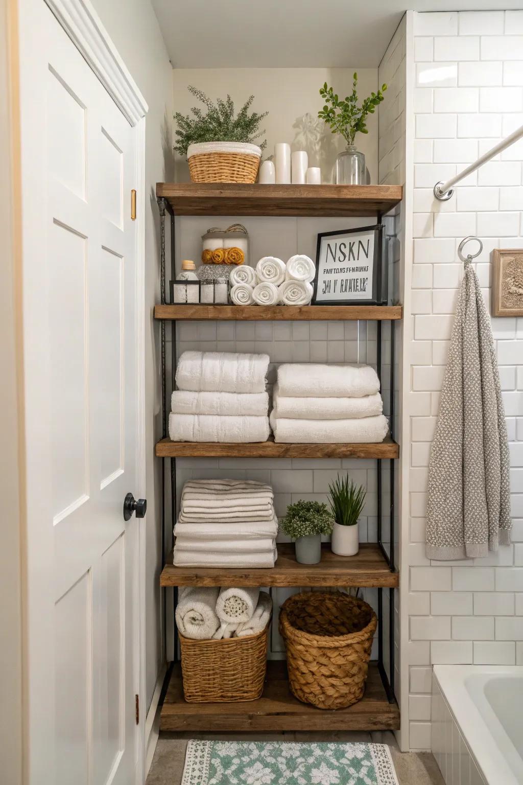 Vertical shelving maximizes storage and keeps things tidy.