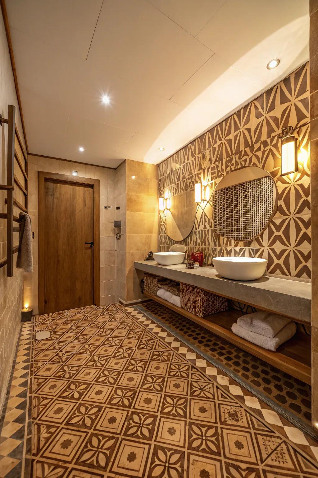 Geometric patterns add a playful touch to vintage brown tiles.