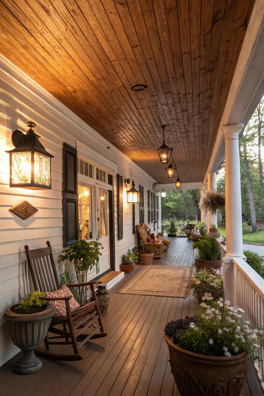 Wood-look vinyl ceilings bring a cozy, rustic charm to any porch.