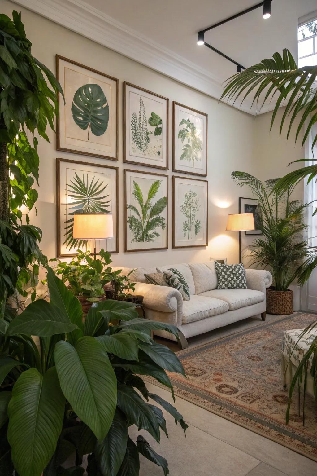 A living room with botanical prints and a serene atmosphere.