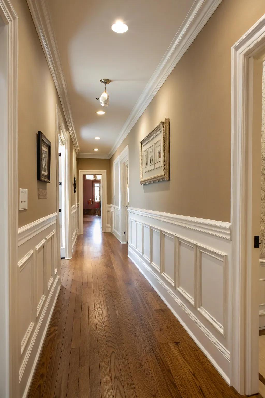 Chair rail trim provides a stylish and practical solution for hallways.