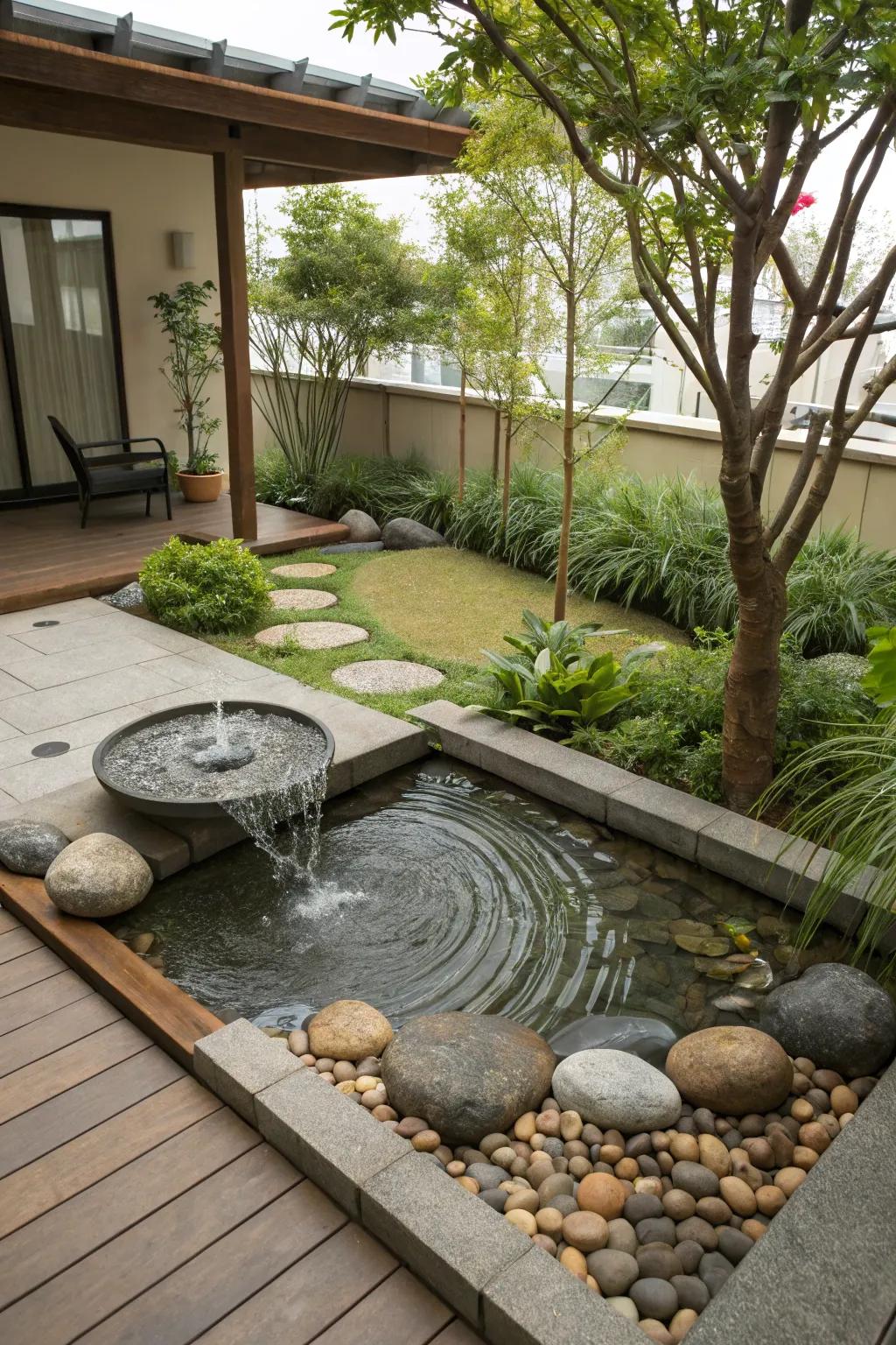 A Zen water garden creates a calming outdoor retreat.