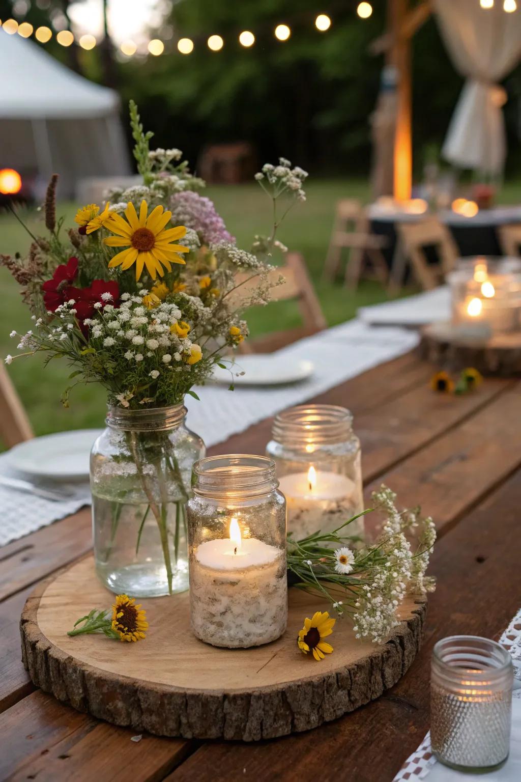 Rustic preserving jars and floating lights radiate countryside allure.