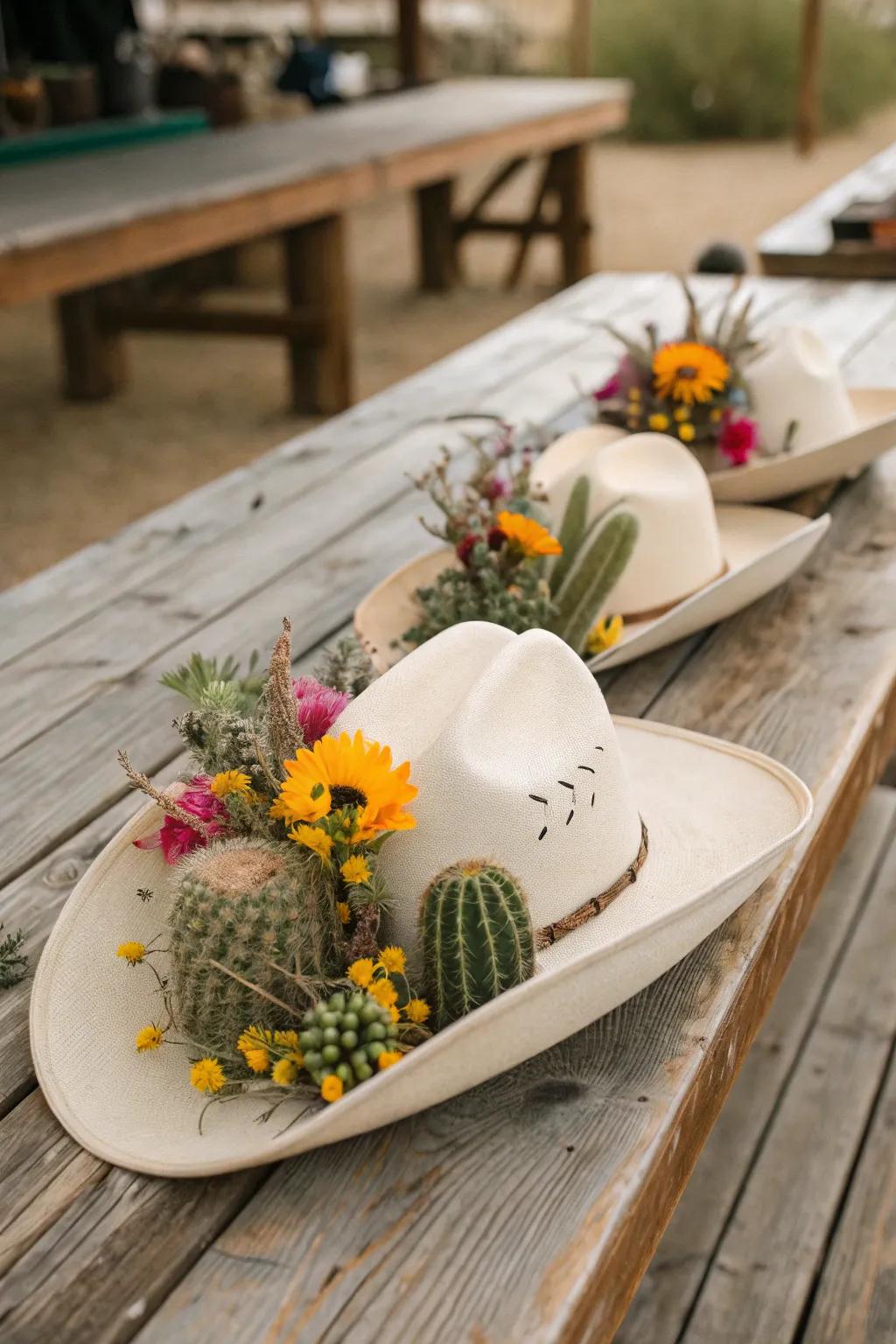 Cowboy hats make creative and unique centerpieces.