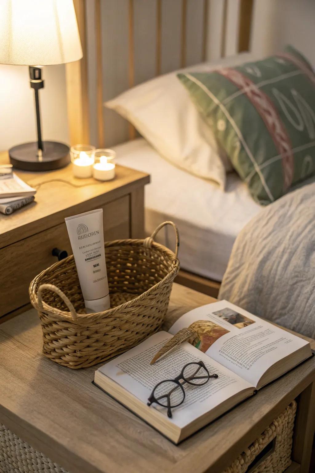 Maintain a pristine bedside table by utilizing a basket to gather indispensable items.