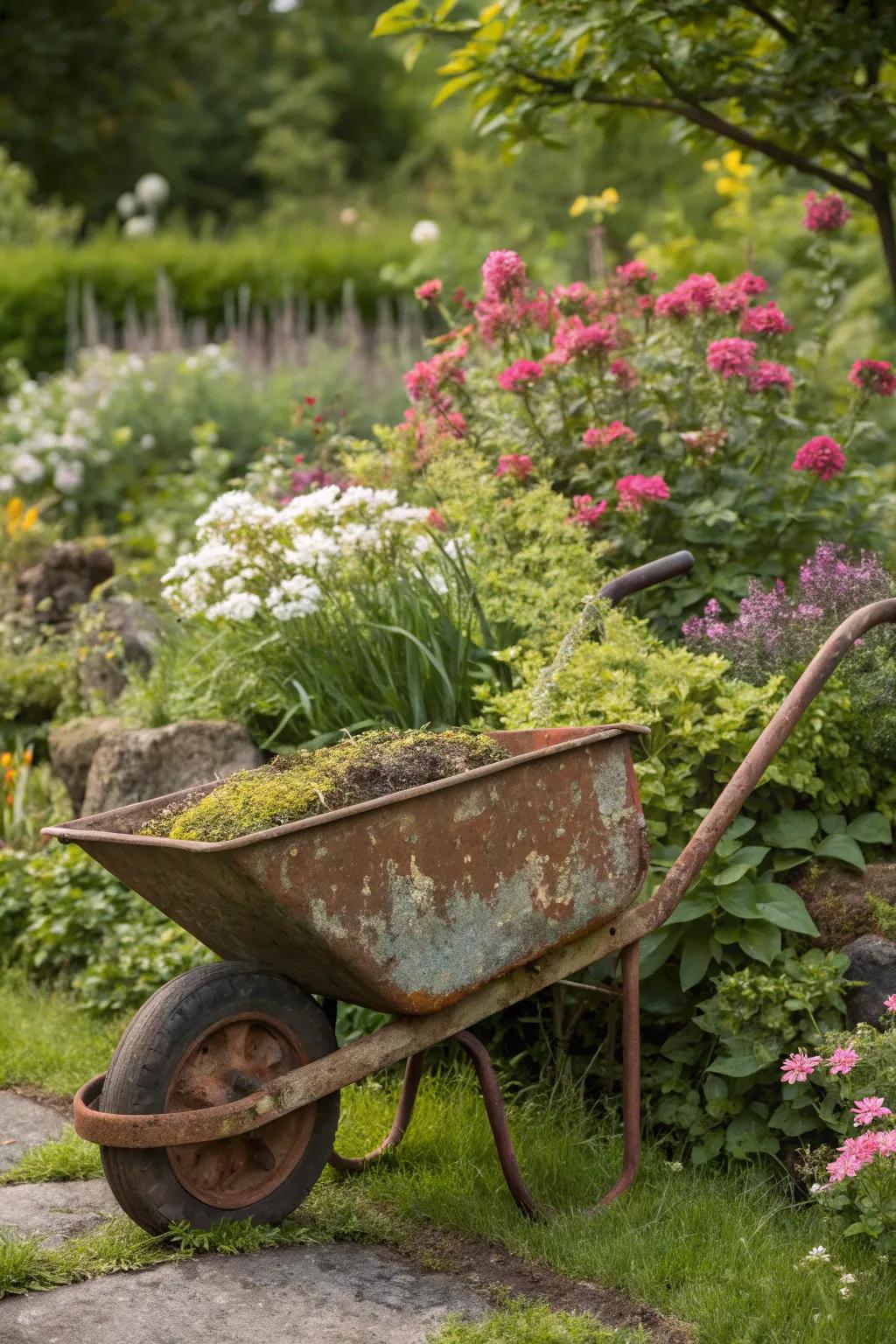 Rustic elegance with a vintage wheelbarrow.