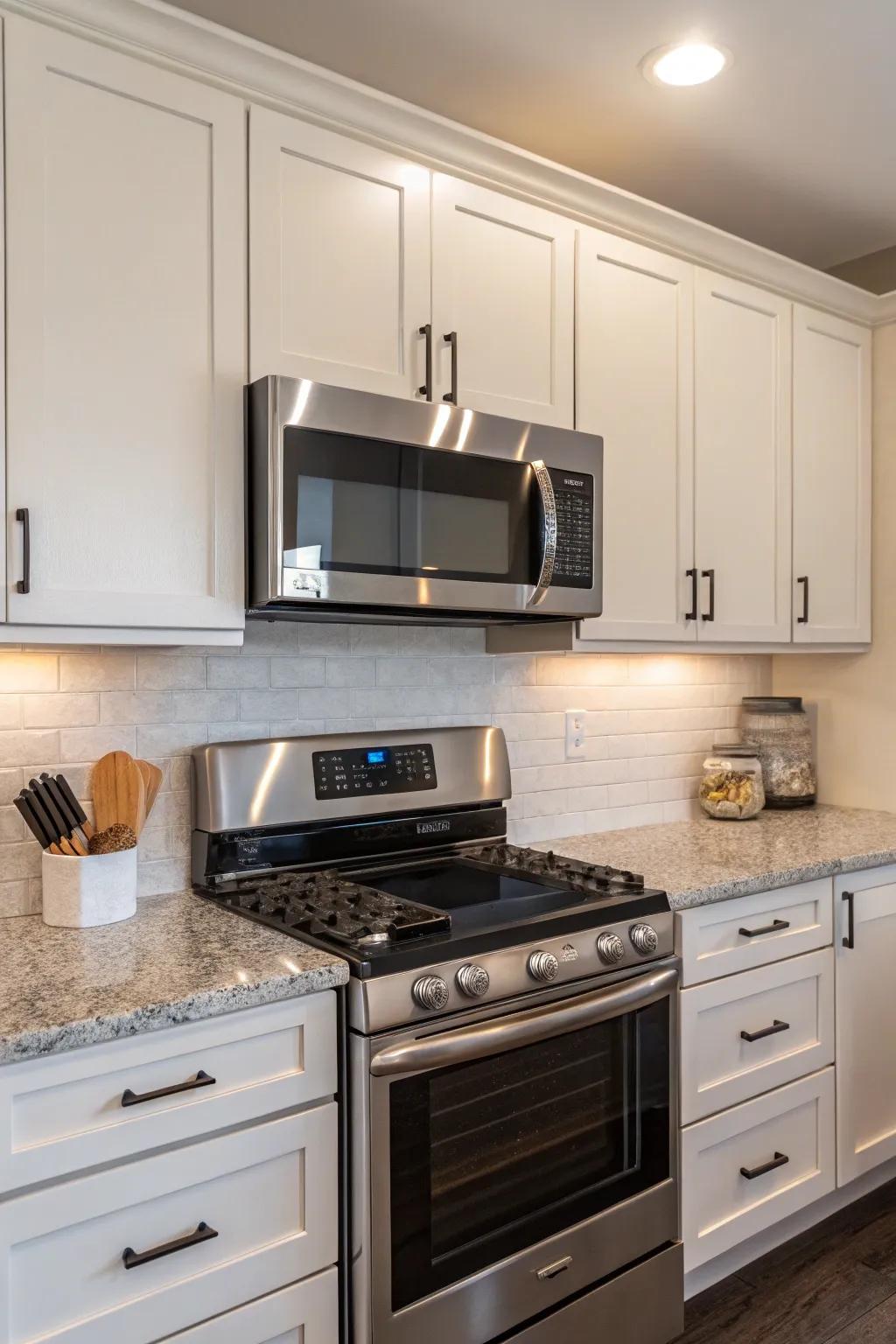A microwave setup above the range, designed to optimize space.