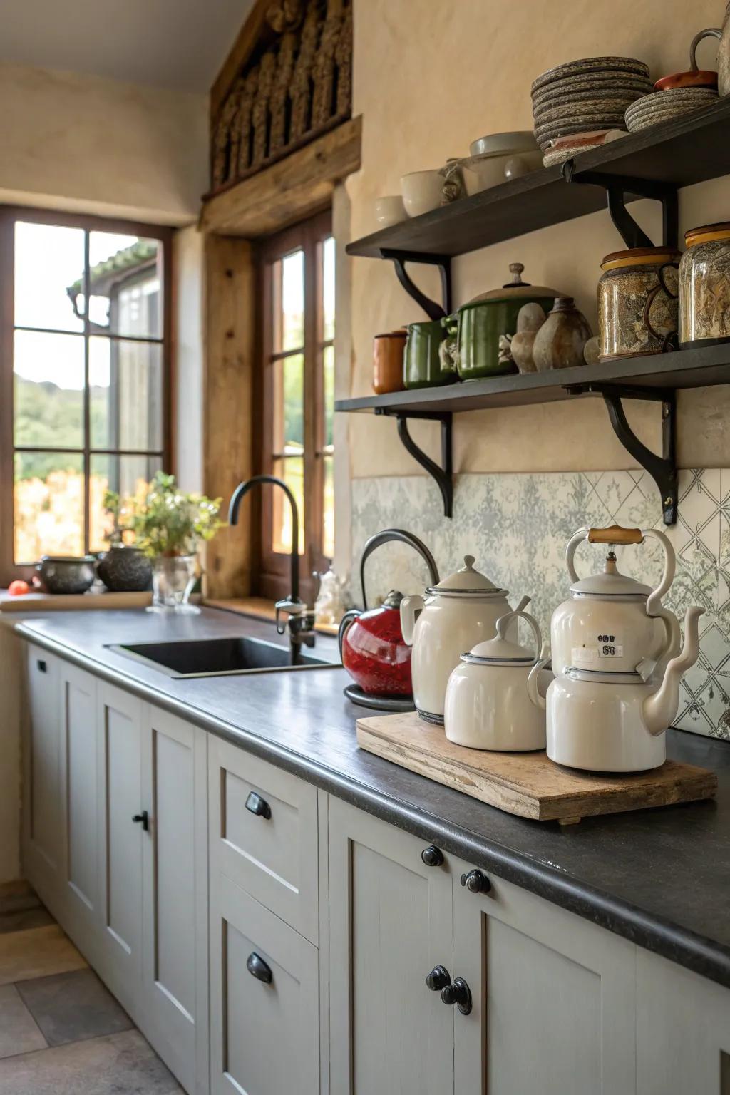 Varied embellishments fashion a kitchen brimming with tales and persona.