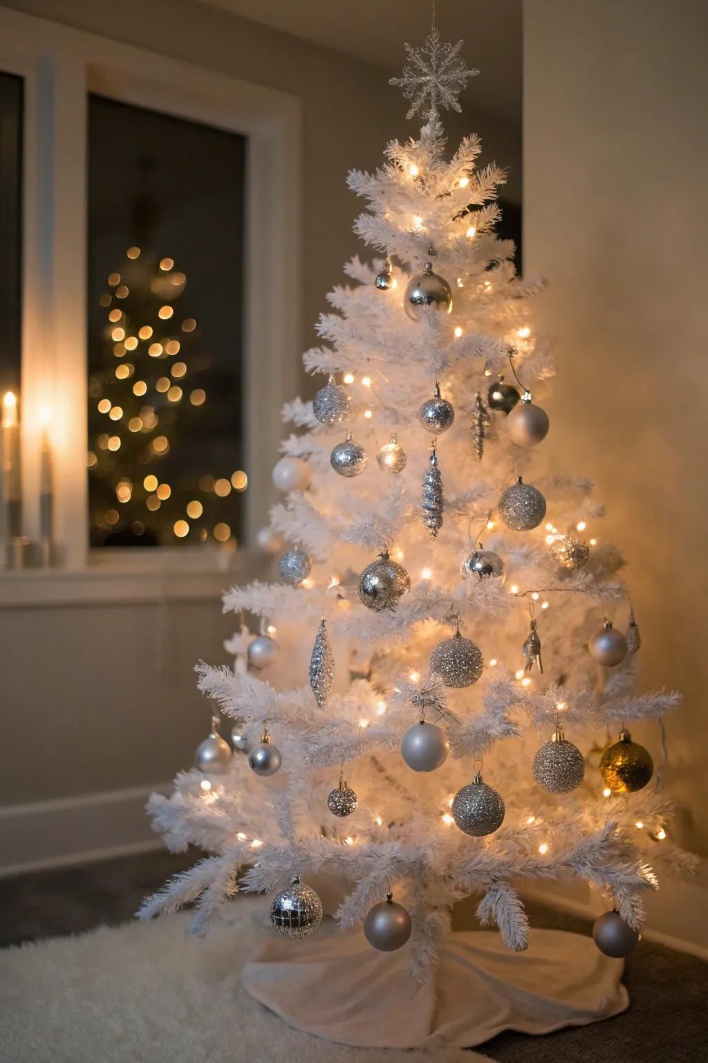 Refined argent and lustrous embellishments on an alabaster tree.