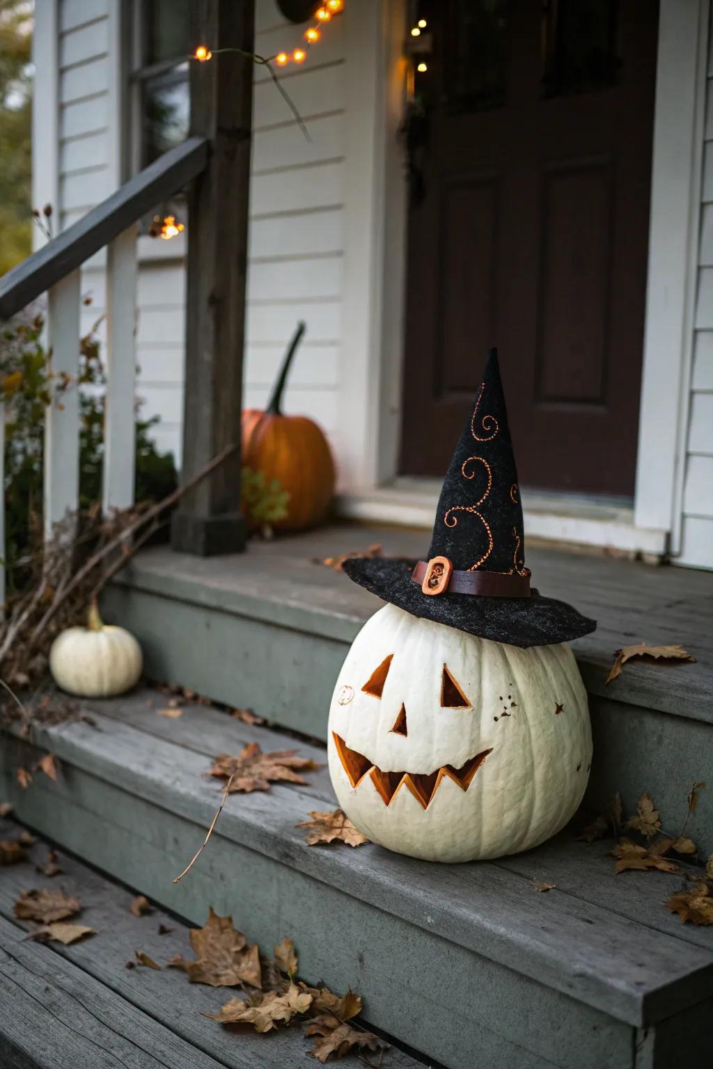 A whimsical themed pumpkin with a witch hat, ready to charm visitors.