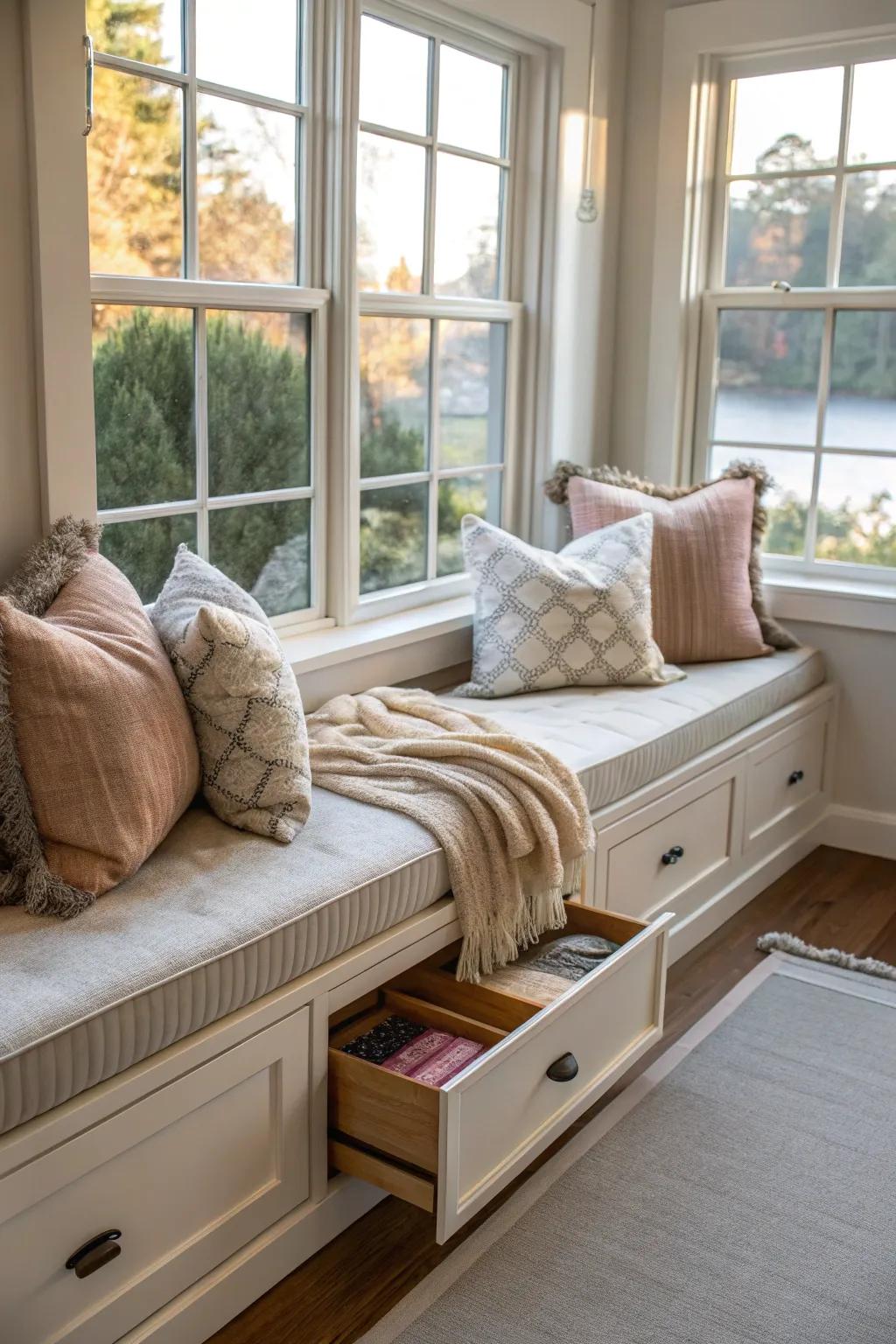 A window seat with clever storage solutions beneath, perfect for keeping things organized.