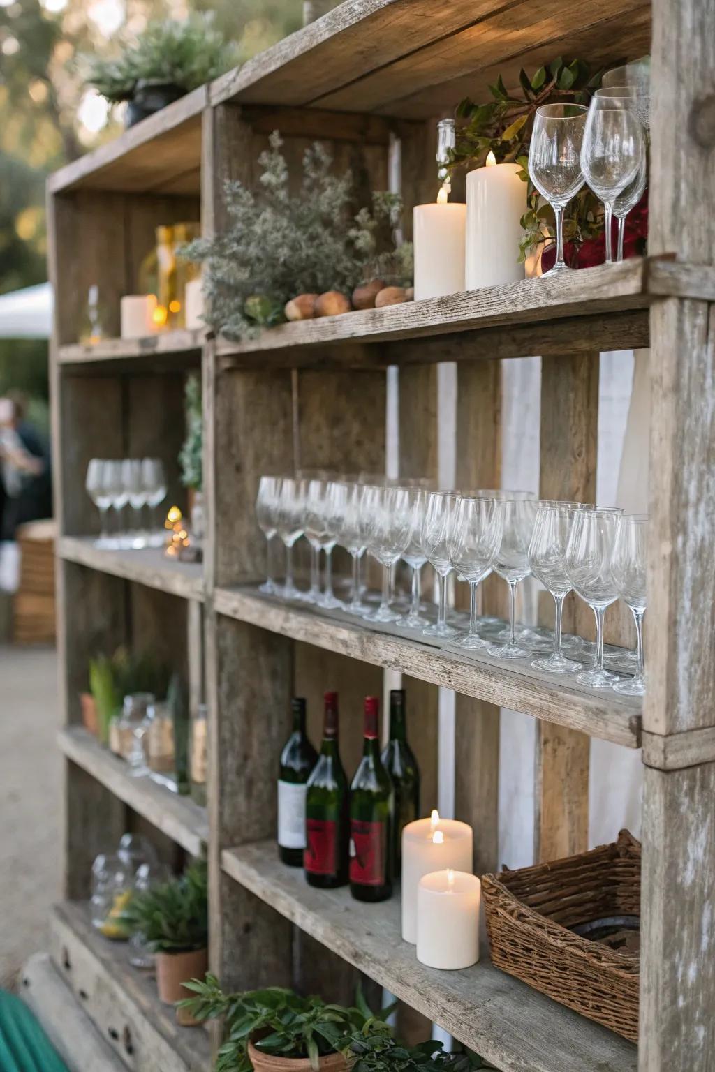 Charming wooden shelves displaying a variety of wine glasses.