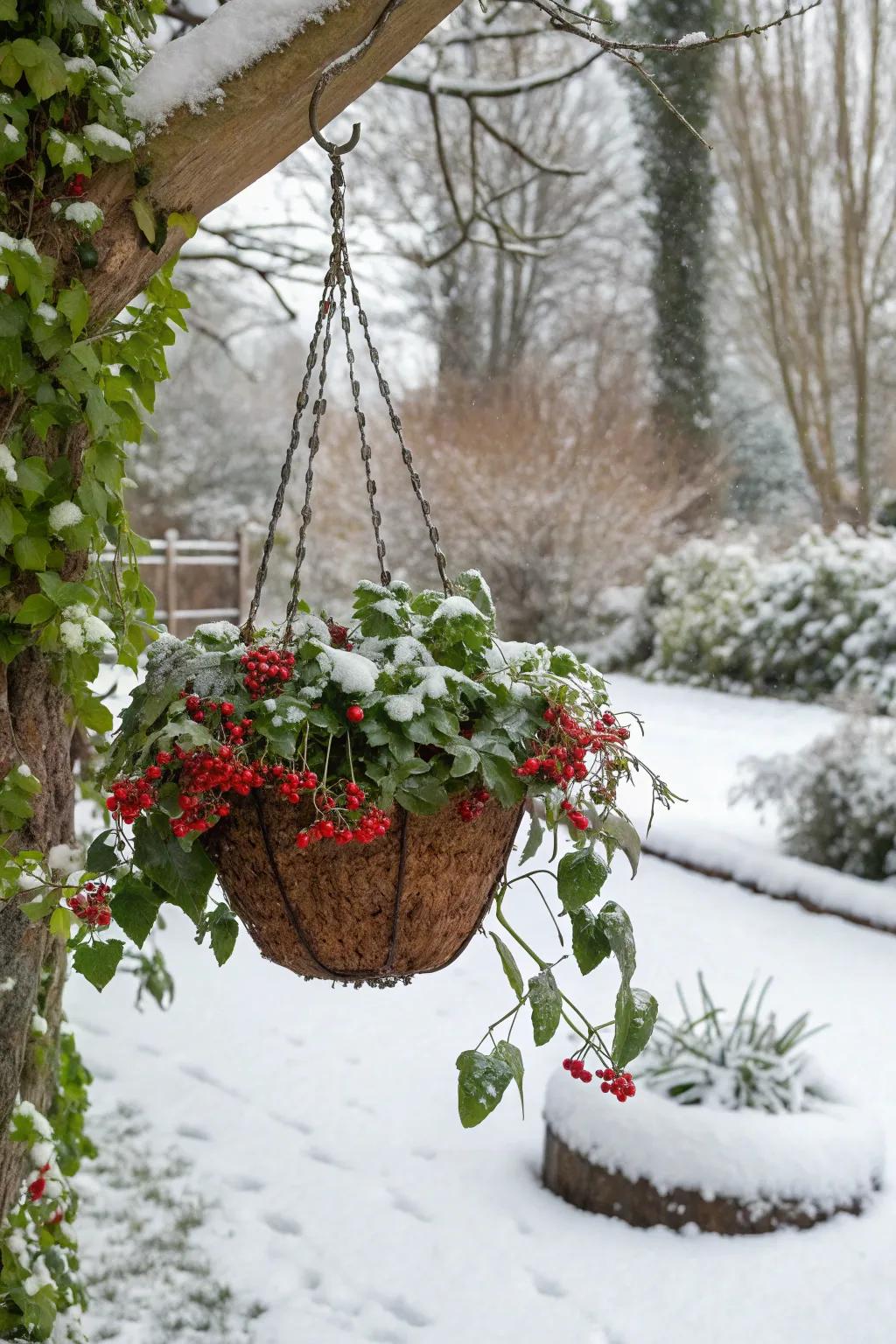 Crimson fruits impart a joyous essence to winter displays.