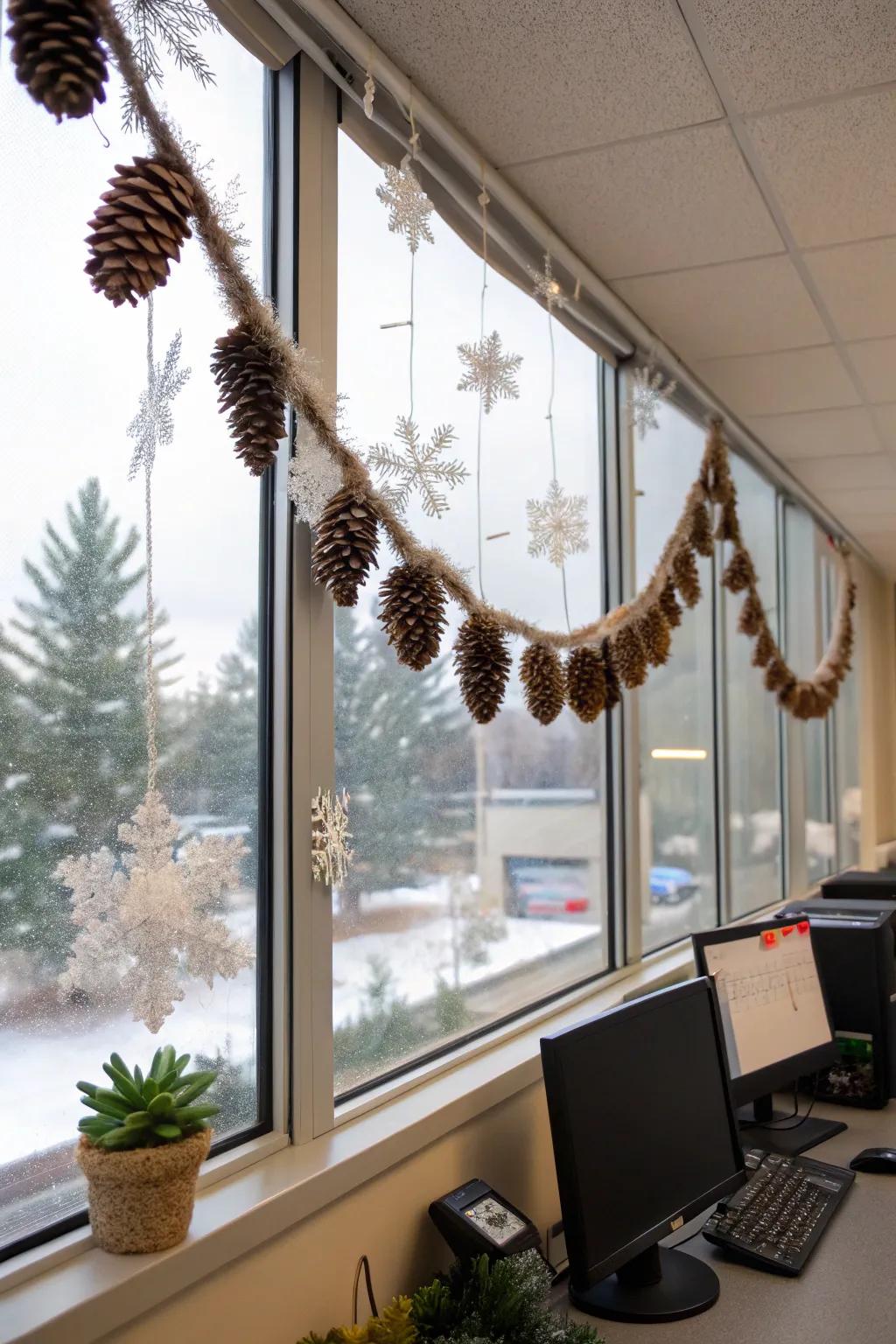 A crafted garland incorporates natural appeal and a personal hint to the workplace.