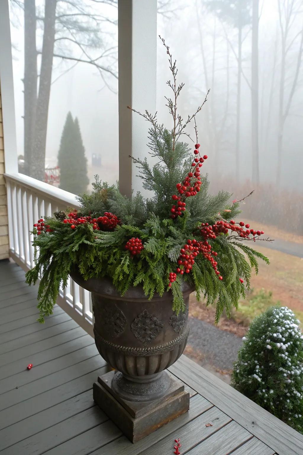 Crimson berries contribute a vivid splash of color to wintry greenery.