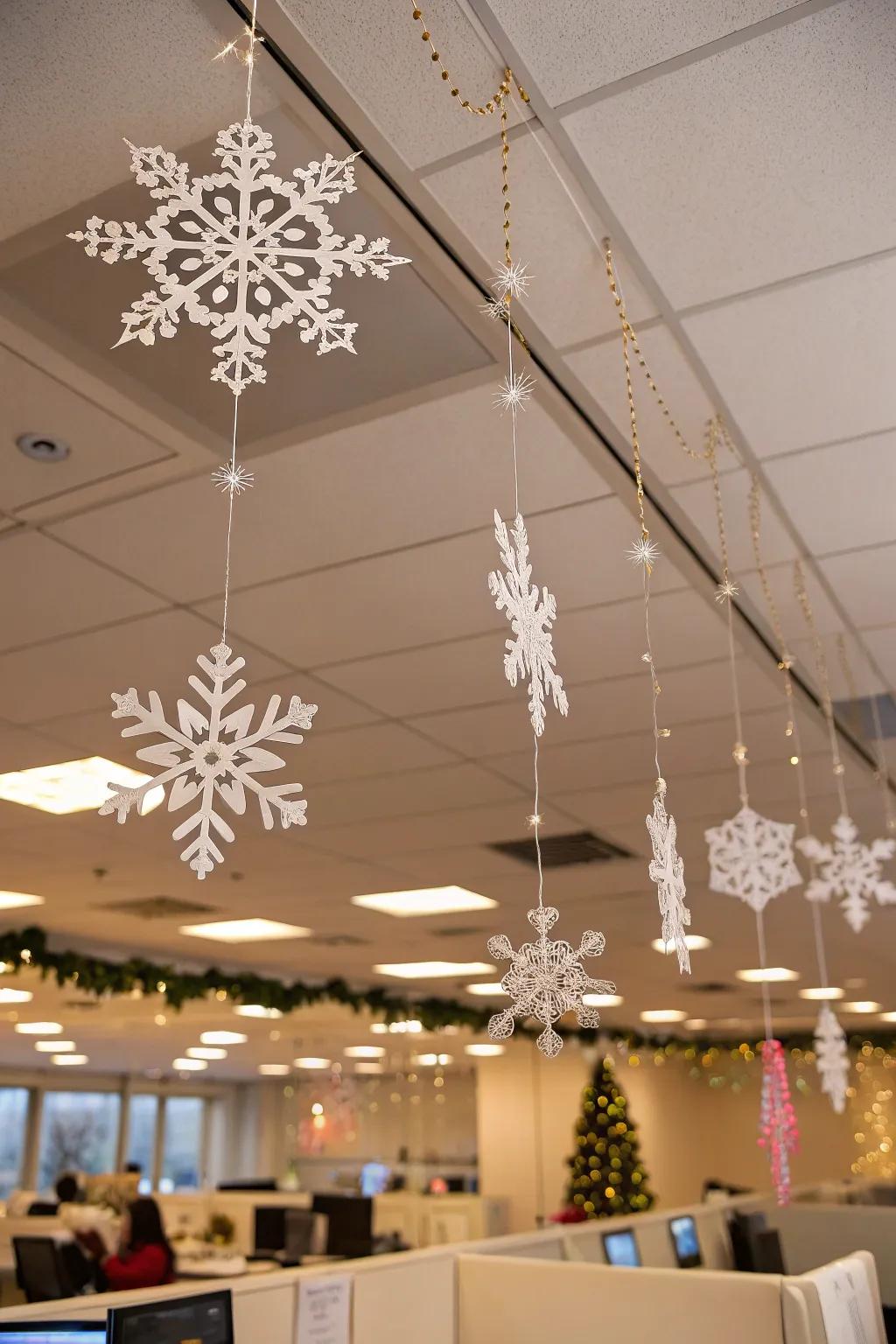 Snowflakes dance from the ceiling, bringing a touch of winter magic to the office.