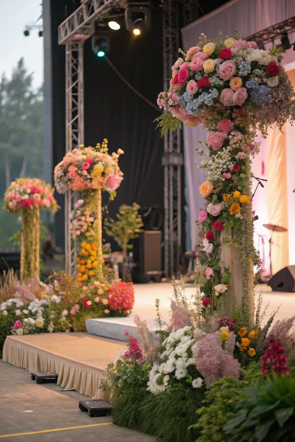 Blooms bestow natural allure and charm upon the stage arrangement.
