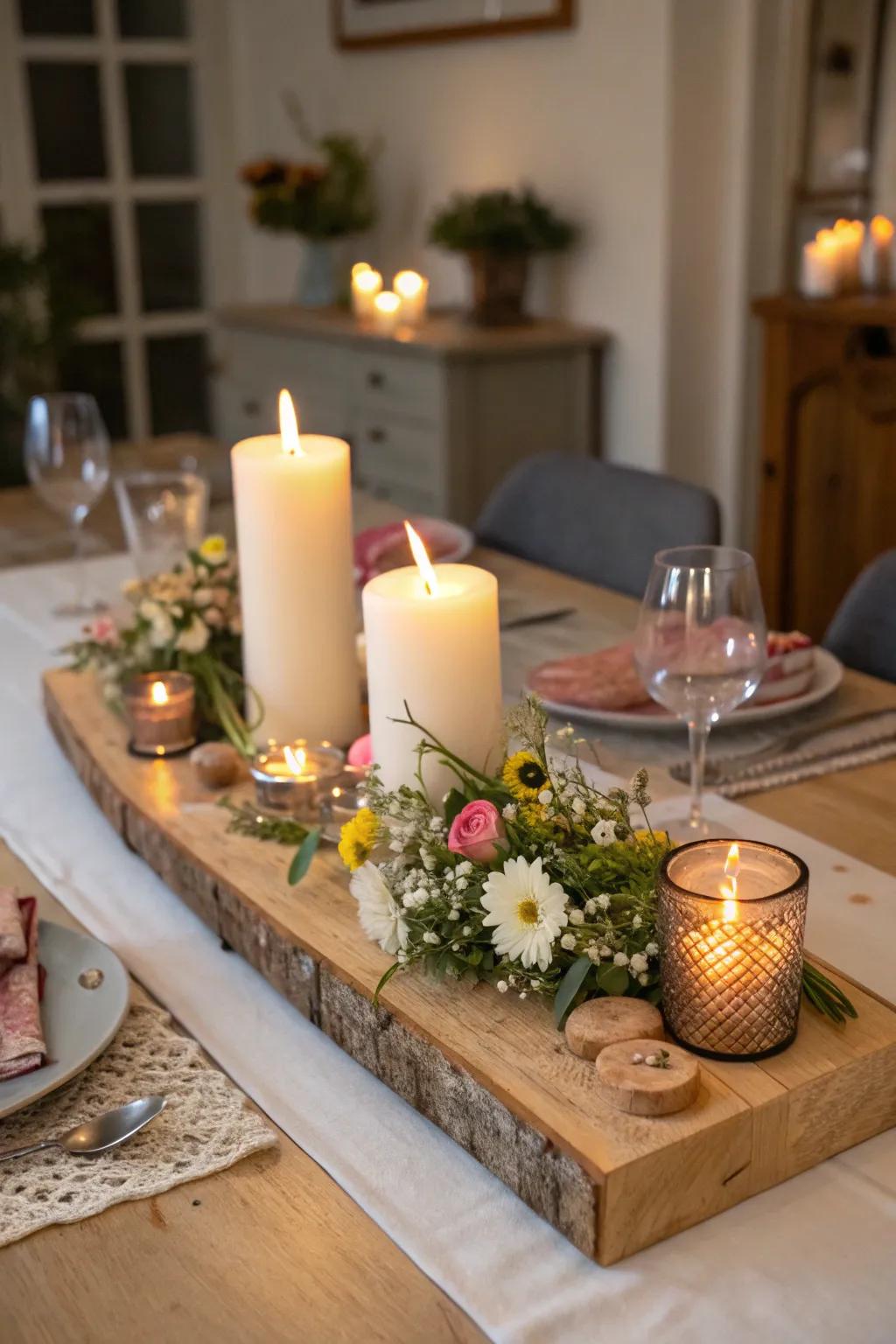 Elevate your dining table with a rustic wood board centerpiece.